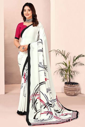 Off White Digital Print Silk Crepe Saree for Party