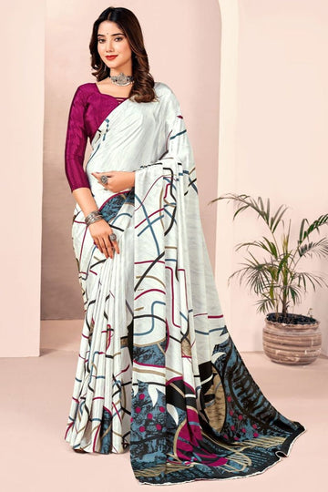 Off White Digital Print Silk Crepe Saree for Party