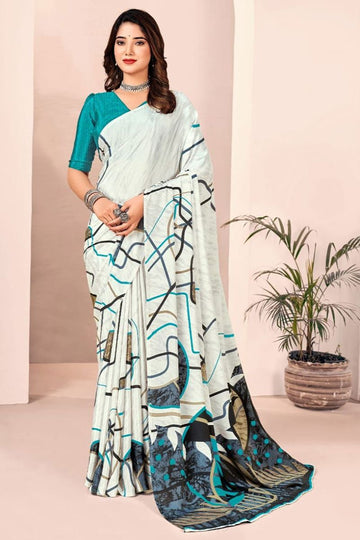 Off White Digital Print Silk Crepe Saree for Party