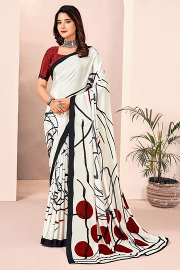 Off White Digital Print Silk Crepe Saree for Party