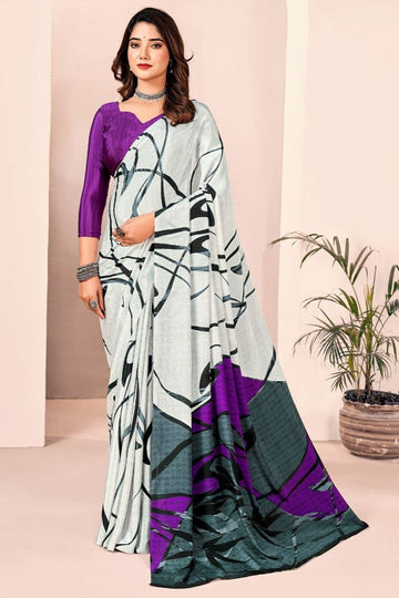 Off White Digital Print Silk Crepe Saree for Party