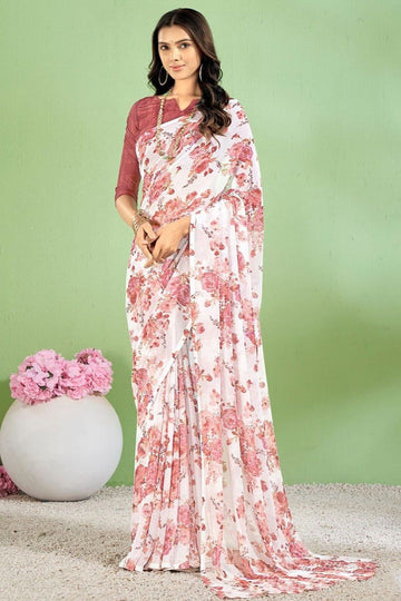 Off White Floral Printed Chiffon Casual Wear Saree