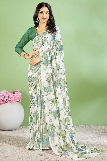 Off White Floral Printed Chiffon Casual Wear Saree