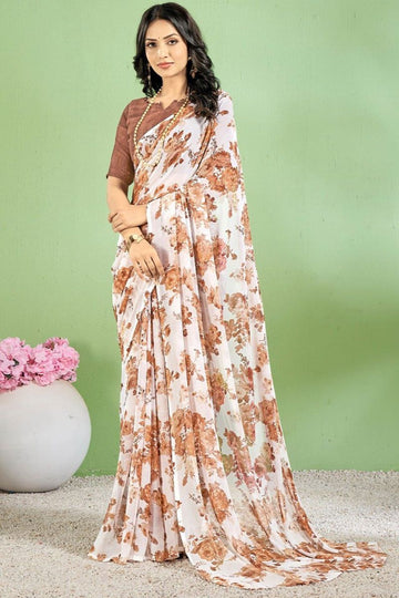 Off White Floral Printed Chiffon Casual Wear Saree