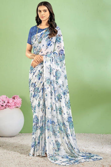 Off White Floral Printed Chiffon Casual Wear Saree