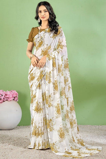 Off White Floral Printed Chiffon Casual Wear Saree