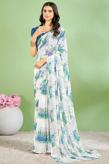 Off White Floral Printed Chiffon Casual Wear Saree