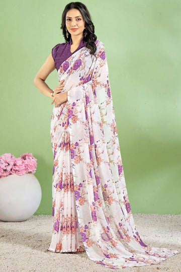 Off White Floral Printed Chiffon Casual Wear Saree