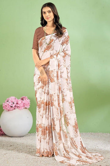 Off White Floral Printed Chiffon Casual Wear Saree