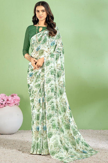 Off White Floral Printed Chiffon Casual Wear Saree