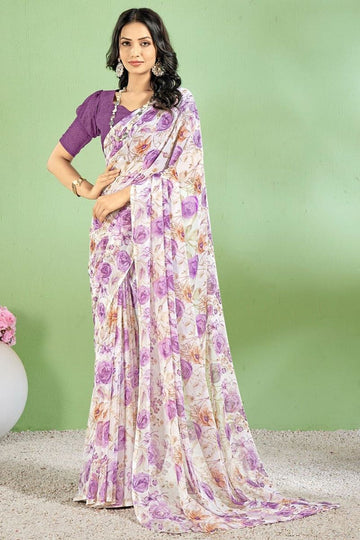 Off White Floral Printed Chiffon Casual Wear Saree