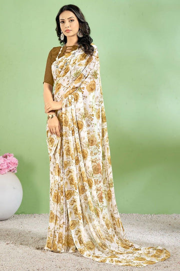 Off White Floral Printed Chiffon Casual Wear Saree