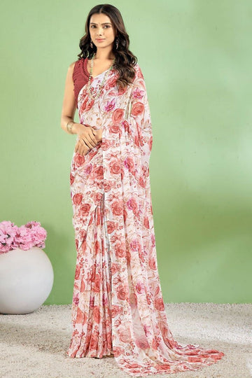 Off White Floral Printed Chiffon Casual Wear Saree