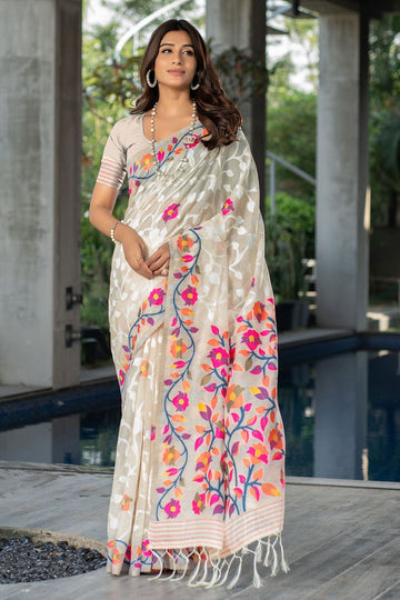 Off White Floral Print Soft Cotton Saree for Party