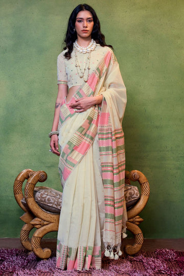 Off White Hand Woven Mal Spun Cotton Saree for Party