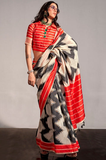 Off White Mal Spun Handwoven Silk Party Wear Saree