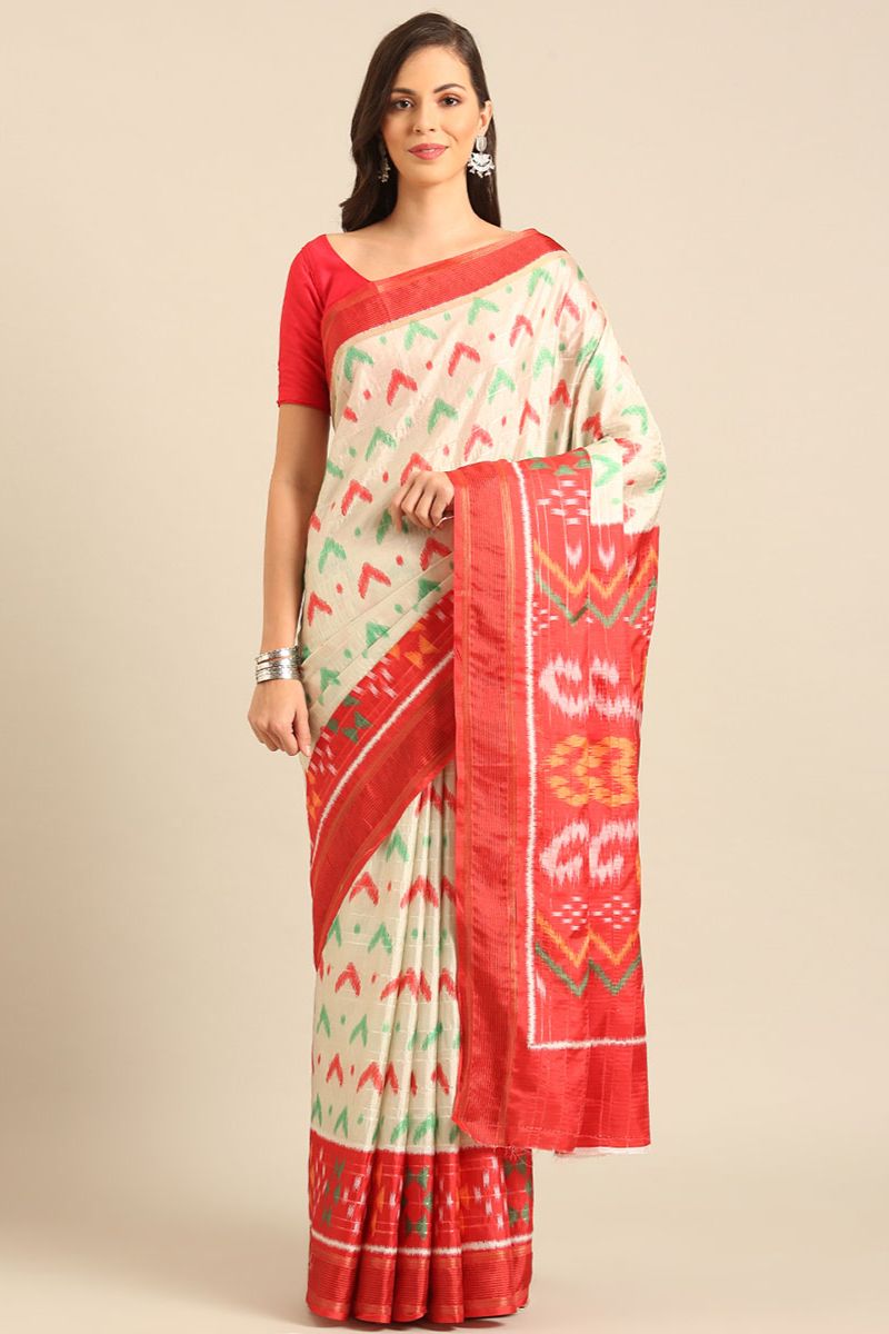 Off White Patola Print Cotton Saree