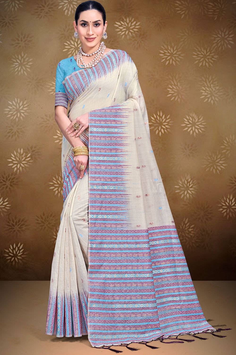 Off White Printed Cotton Saree