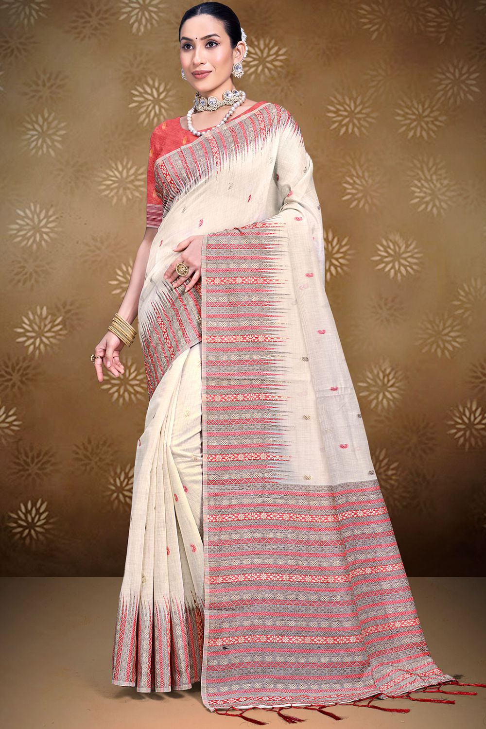 Off White Printed Cotton Saree