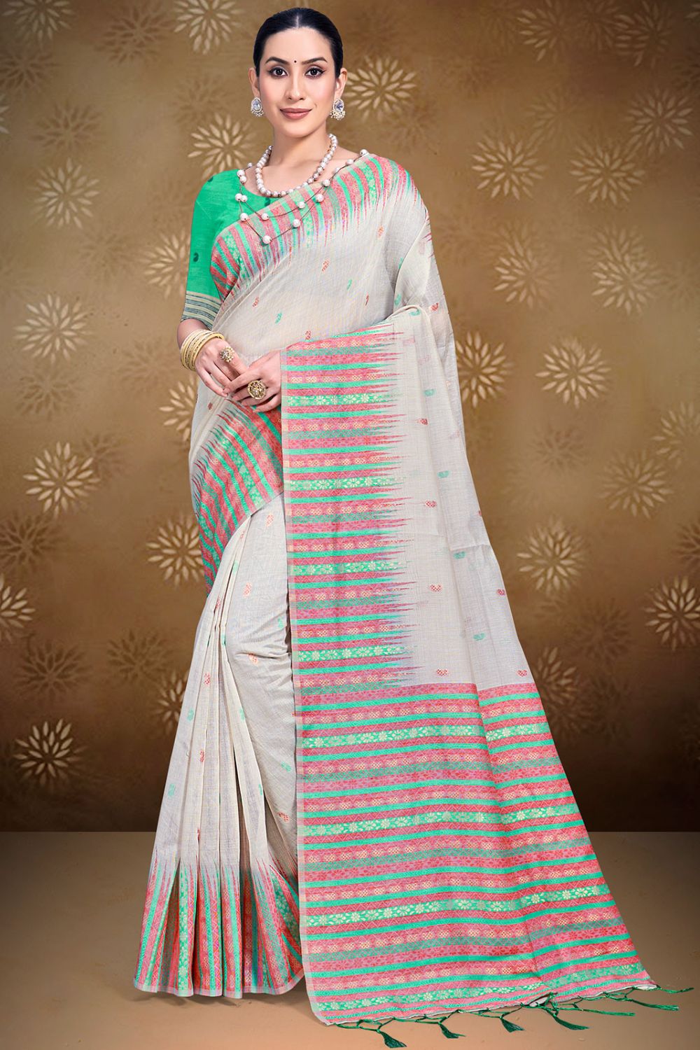 Off White Printed Cotton Saree