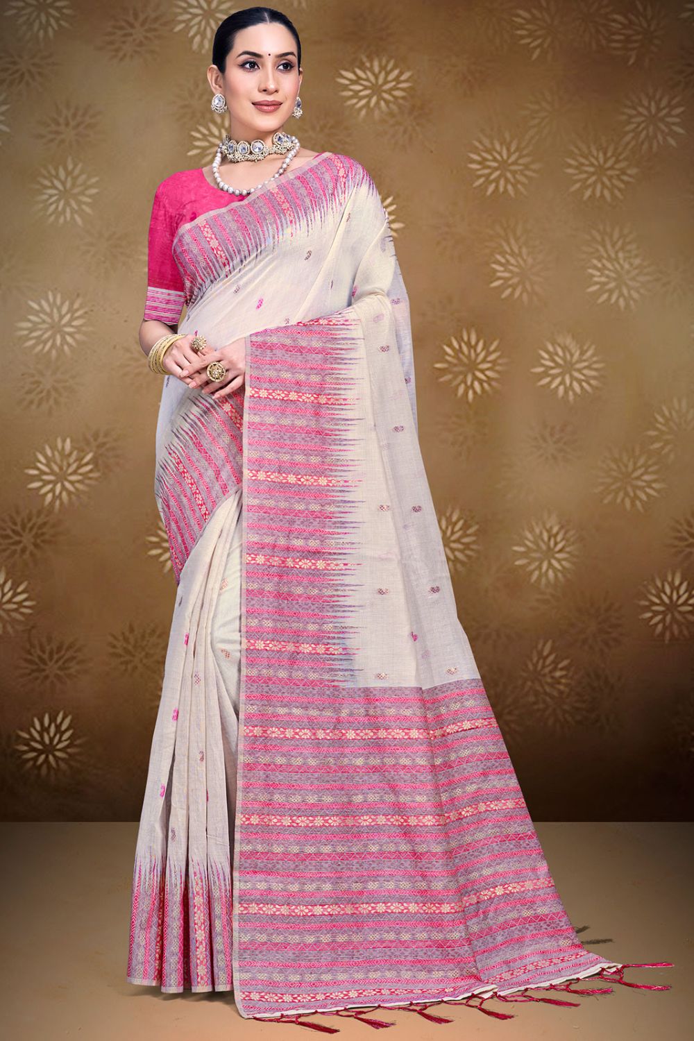 Off White Printed Cotton Saree