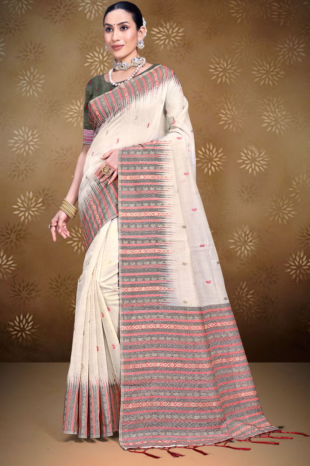 Off White Printed Cotton Saree