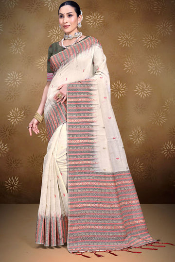 Off White Cotton Printed Saree