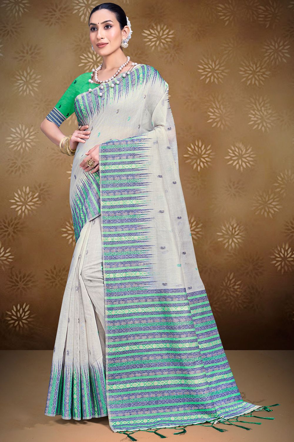 Off White Printed Cotton Saree