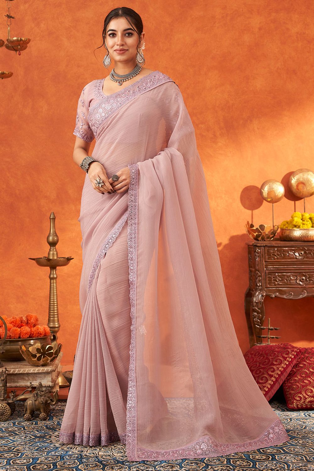 Old Rose Designer Chiffon Silk Saree