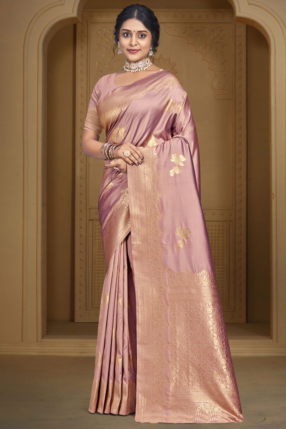 Old Rose Gold Silk Woven Work Saree