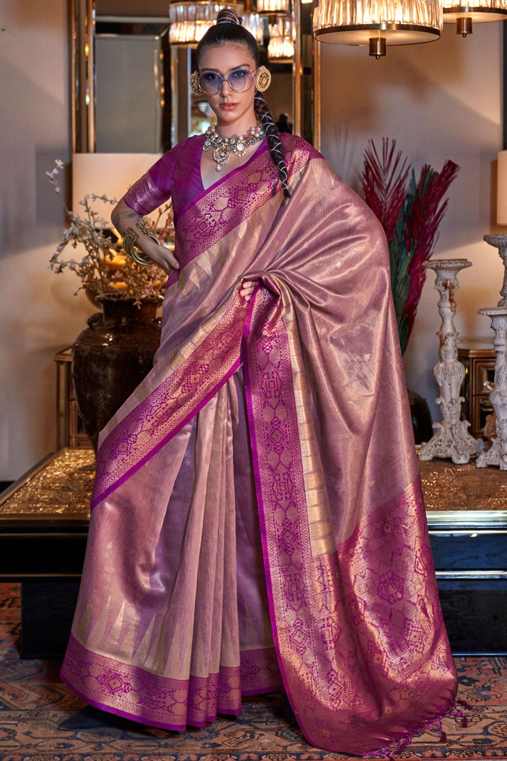 Old Rose Handwoven Zari Tissue Silk Saree