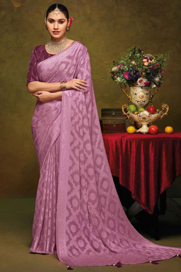 Old Rose Pink Brasso Saree with Embroidered Blouse