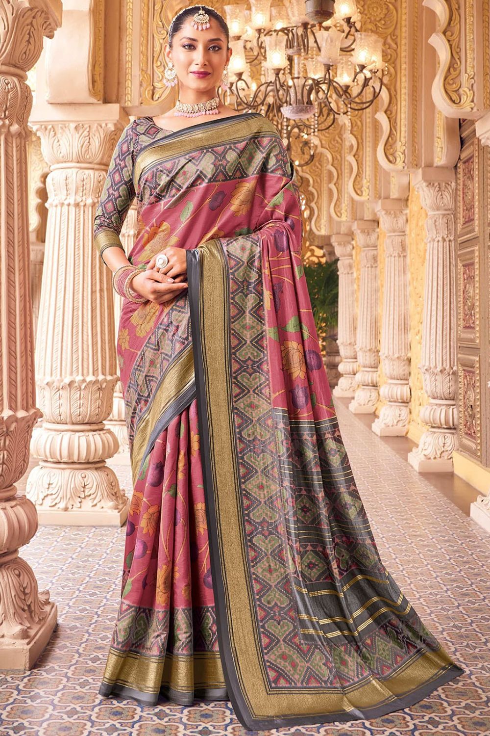 Old Rose Pink Silk Printed Saree