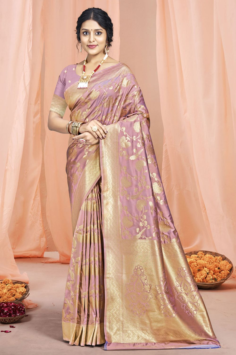 Old Rose Pink Silk Woven Work Saree