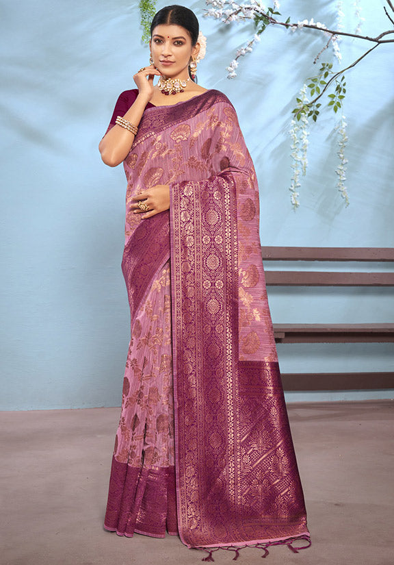 Old Rose Pink Weaving Work Cotton Saree