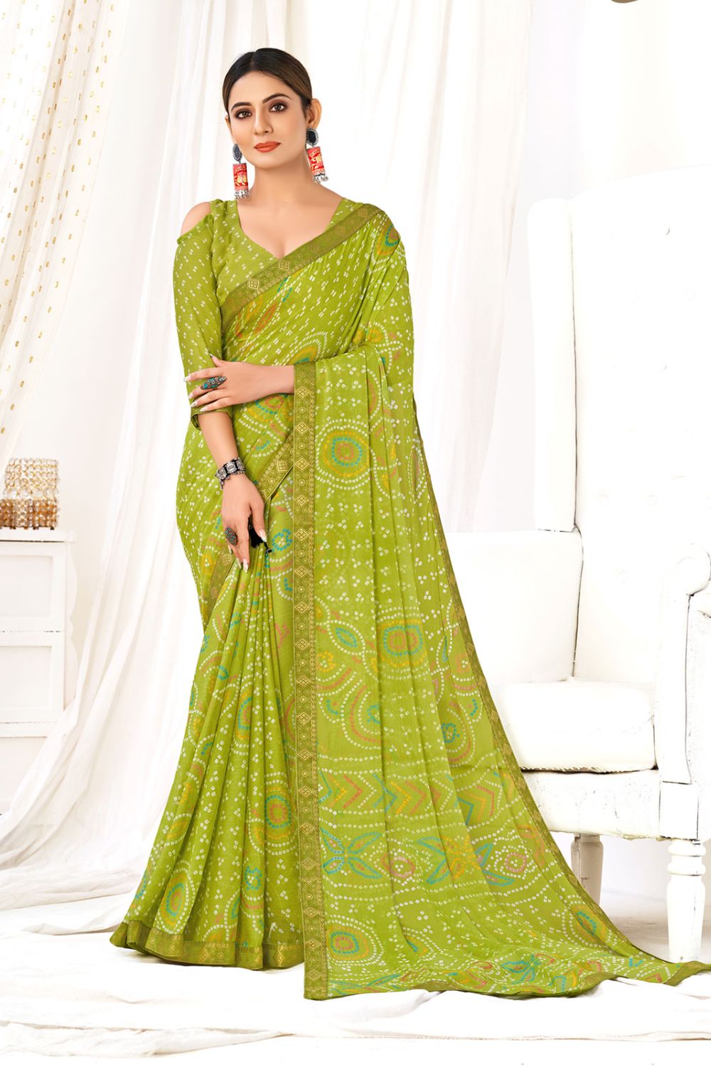 Olive Green Chiffon Printed Casual Wear Saree