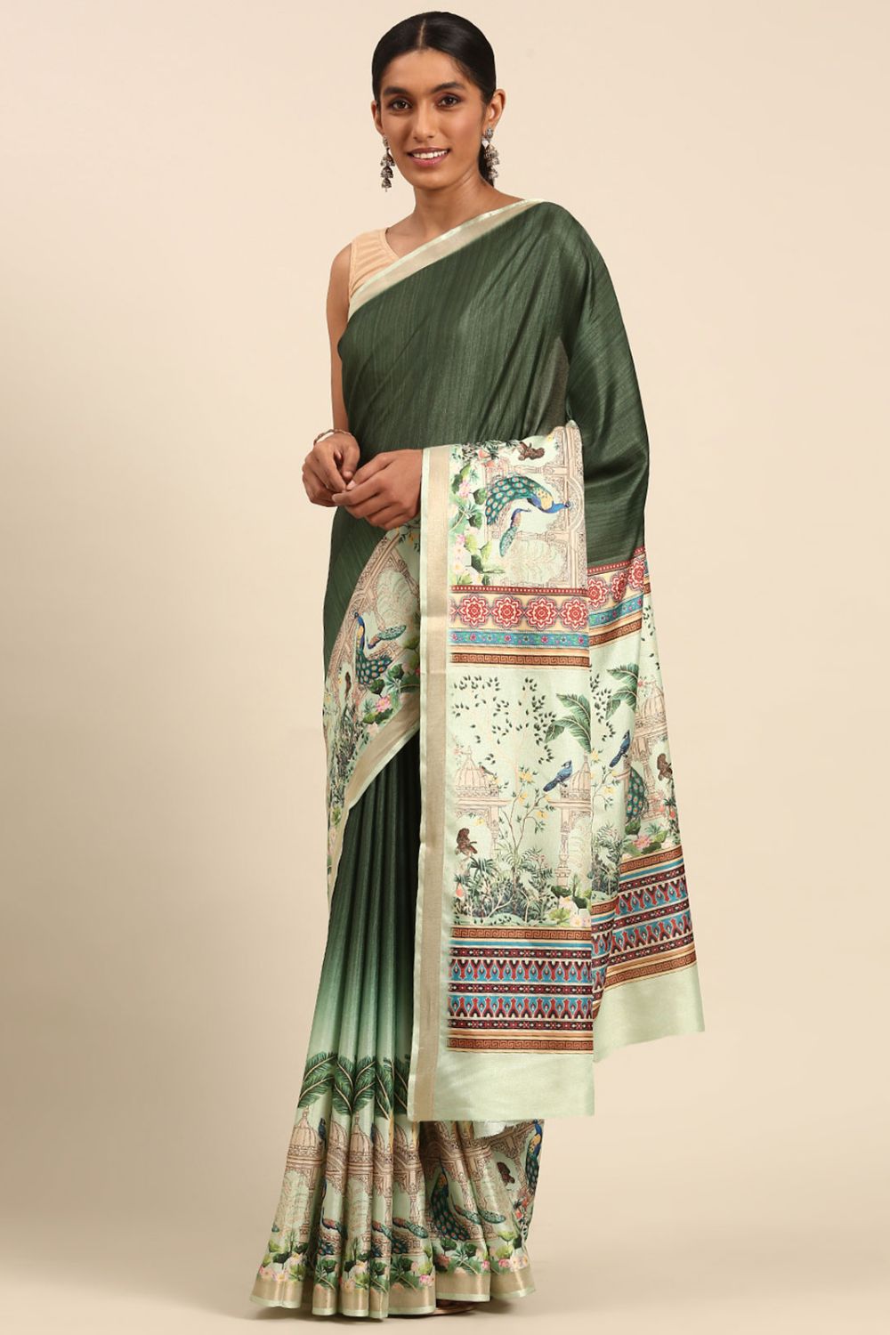 Olive Green Printed Cotton Saree