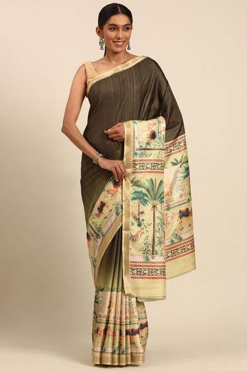 Olive Green Printed Cotton Saree