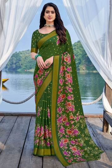 Olive Green Printed Casual Wear Chiffon Saree