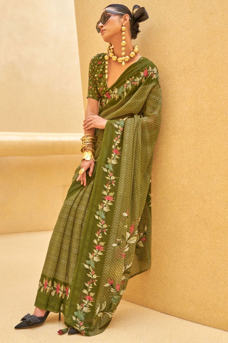 Olive Green Georgette Saree with Floral Print