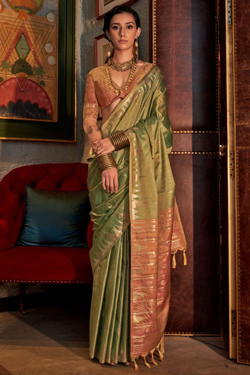 Olive Green Handloom Weaving Tussar Silk Saree for Festival