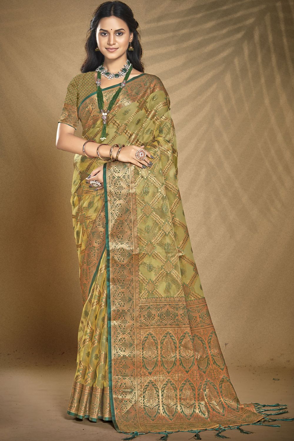 Olive Green Organza Party Wear Saree