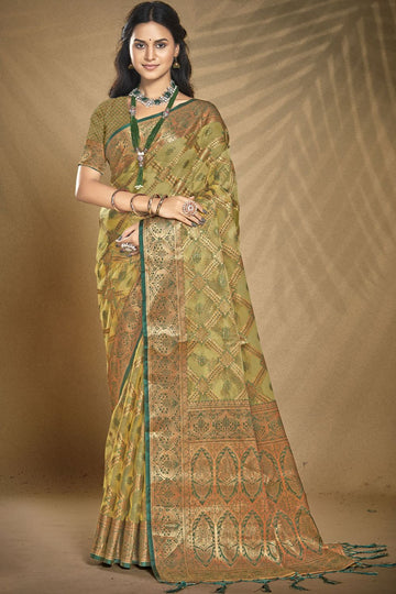 Olive Green Woven Partywear Organza Saree