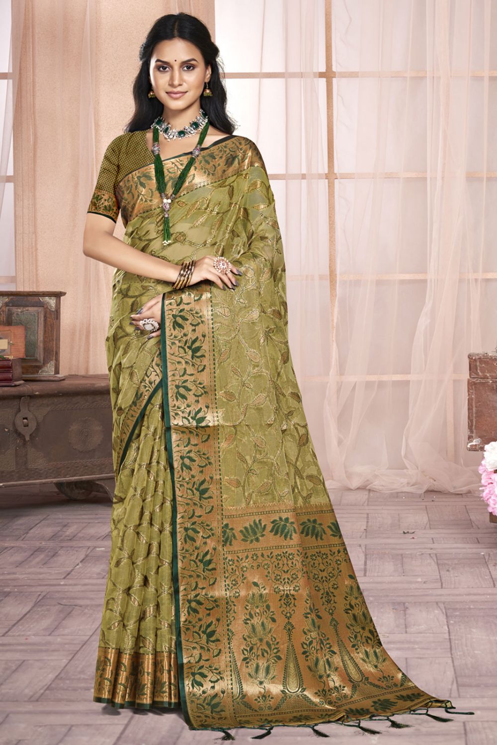 Olive Green Organza Party Wear Saree