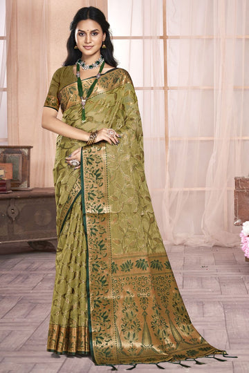 Olive Green Woven Partywear Organza Saree