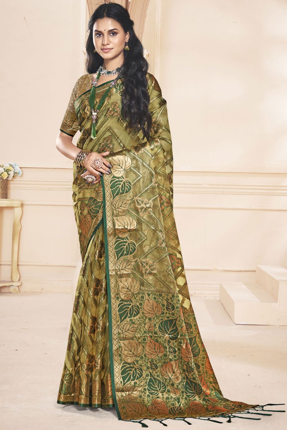 Olive Green Organza Party Wear Saree