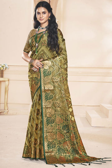 Olive Green Woven Partywear Organza Saree