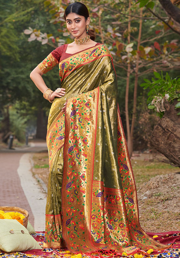 Olive Green Paithani Silk Zari Weaving Work Saree