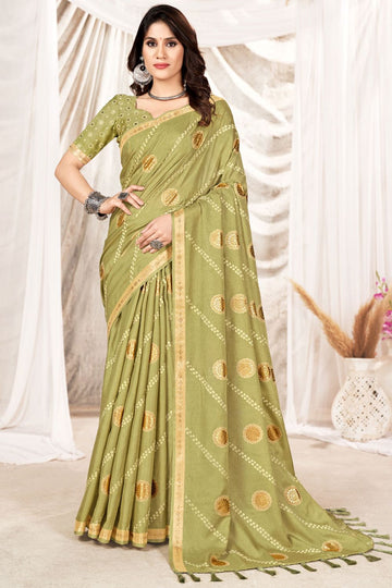 Olive Green Foil Printed Party Wear Saree