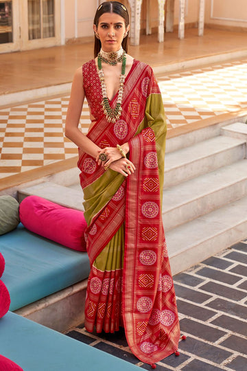 Olive Green Foil Print Patola Design Silk Saree